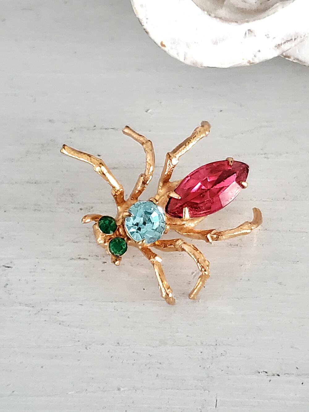 Vintage Blue Pink and Green Czech Glass Spider Bug Brooch